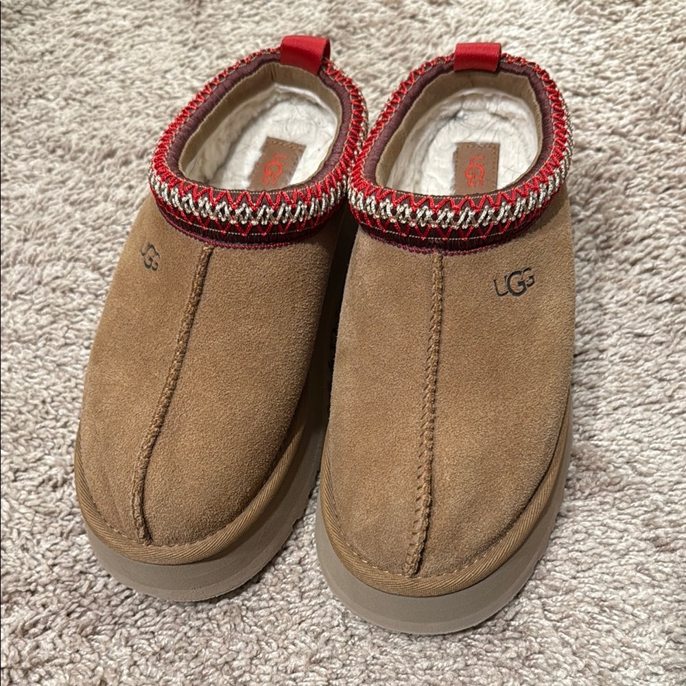 UGG Brown Suede Slip-Ons with Red Trim